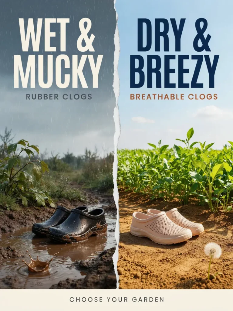 Split scene graphic showing one side with a rainy, muddy garden and rubber clogs, and the other side with a sunny, dry garden and breathable clogs.