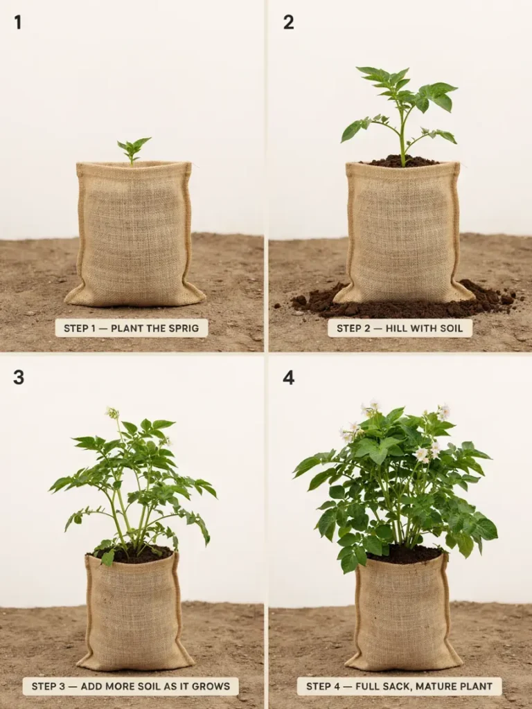 Step by step style photo sequence showing a burlap sack being gradually filled with more soil as a potato plant grows taller