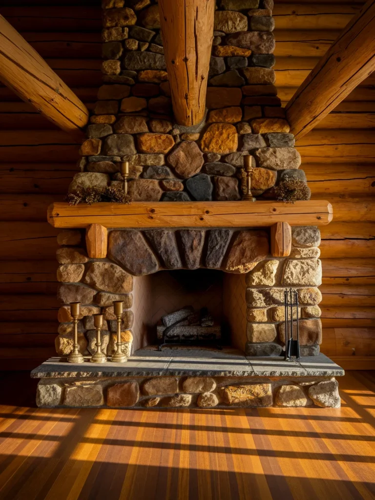 Stone fireplace with wood mantel and faux beams in cabin living room decor