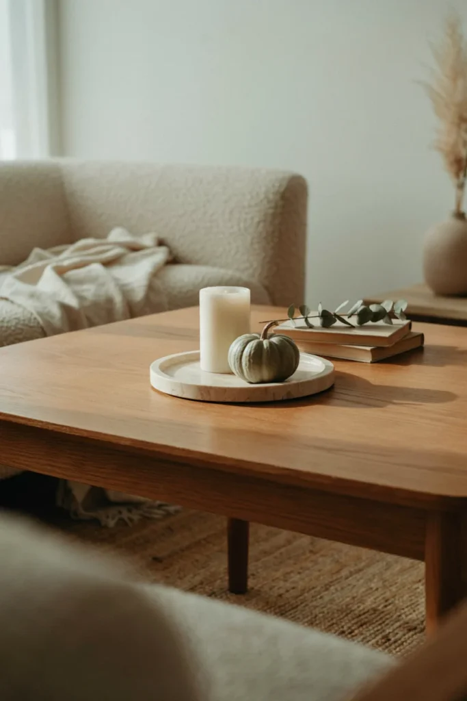 Styled coffee table with a single decorative tray holding a candle, small pumpkin, and one accent piece, clean uncluttered surface with room left for daily use, soft natural light