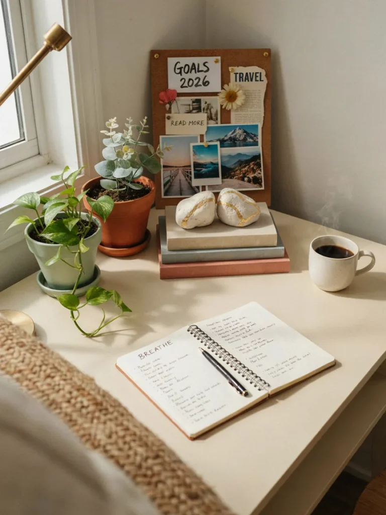 Styled desk corner featuring painted terracotta pots, a DIY vision board, and painted rock bookends, organized creative desk decor
