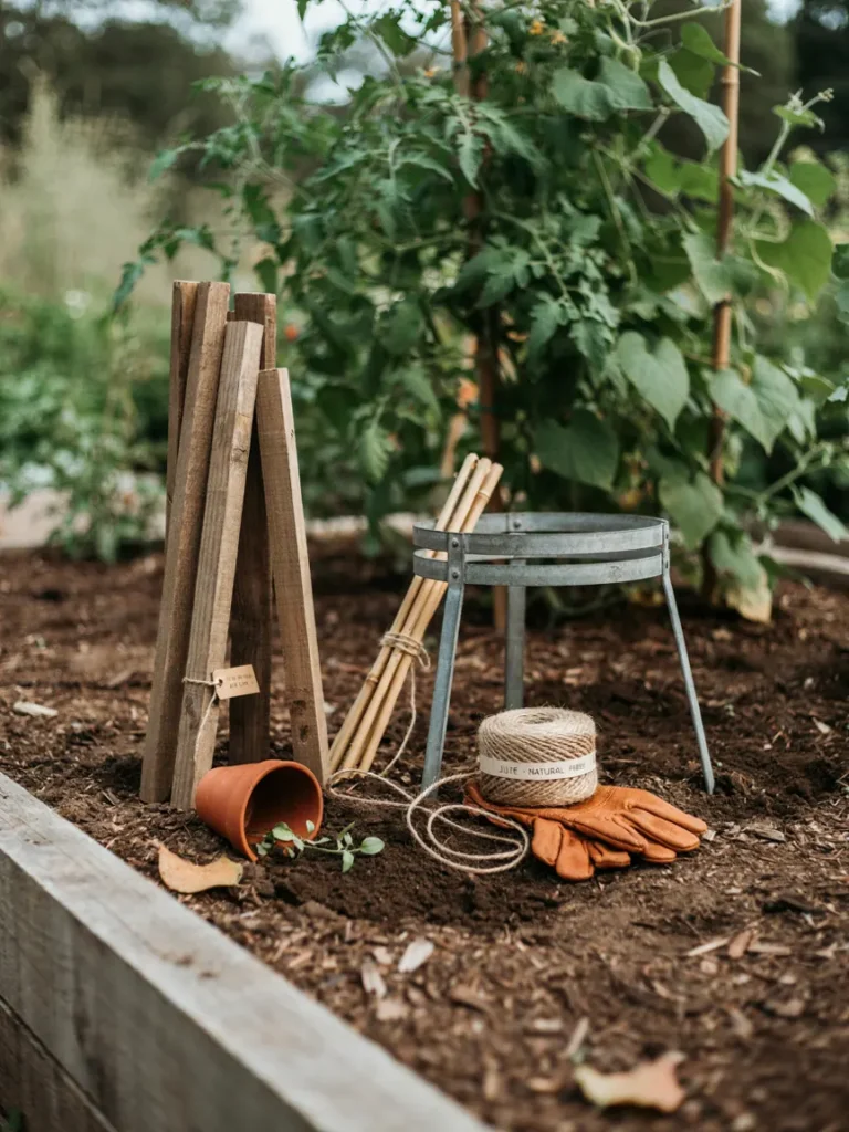 Styled garden bed featuring wooden stakes, a metal flower support ring, and twine trellis material together, supportive garden gear overview