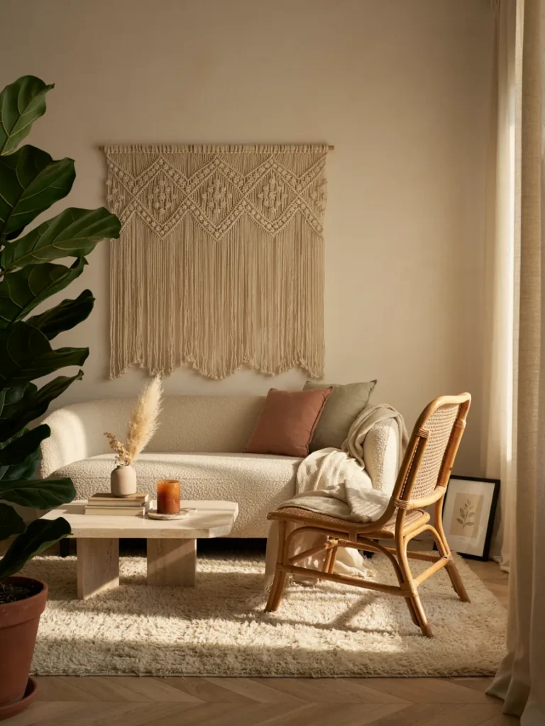 Styled living room vignette featuring a curved low profile sofa, rattan accent chair, thick shag rug, and macrame wall hanging together, warm natural lighting showcasing texture variety