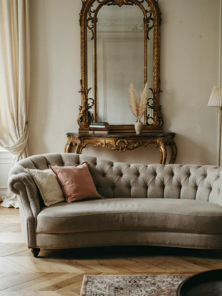 Styled living room vignette featuring a curved tufted sofa, an ornate console table, and a gilded mirror together, showcasing furniture silhouettes that define Parisian style