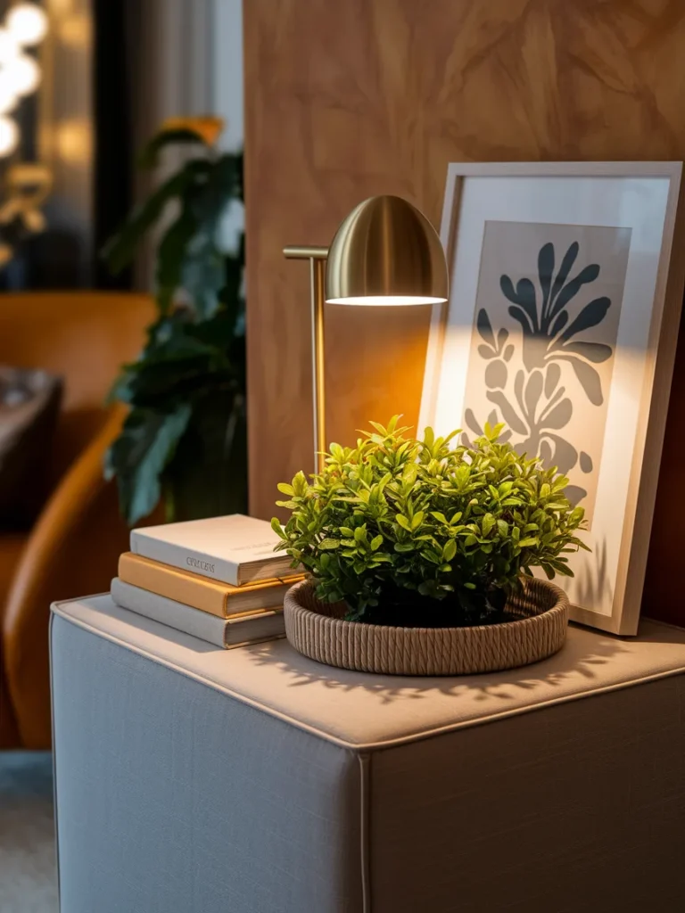 Styled top of a living room cube storage unit with lamp, plant, framed print, and tray