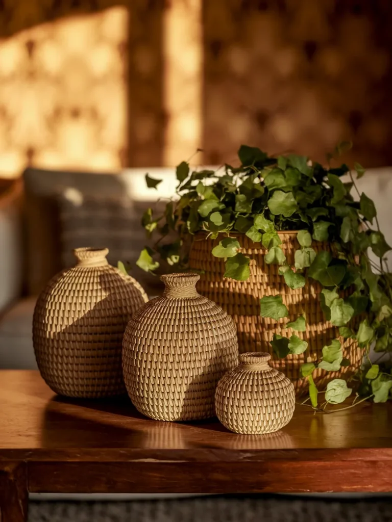  Styling living room wicker basket decor with a group of three baskets, wood table, and plant