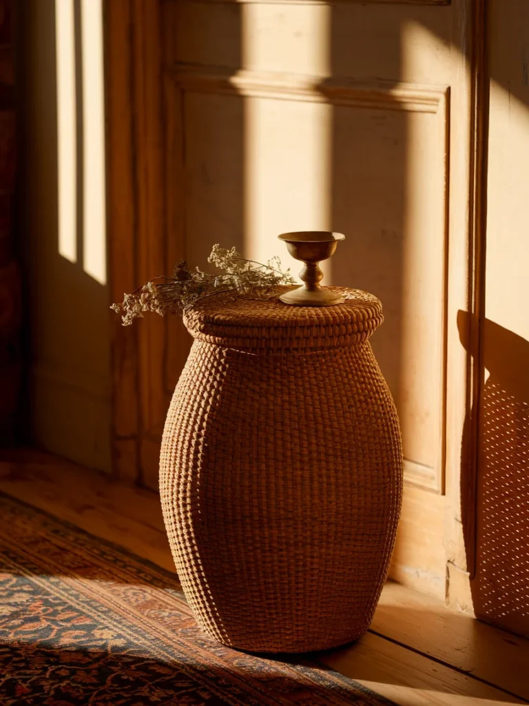  Tall lidded wicker basket used as a side table in a small living room