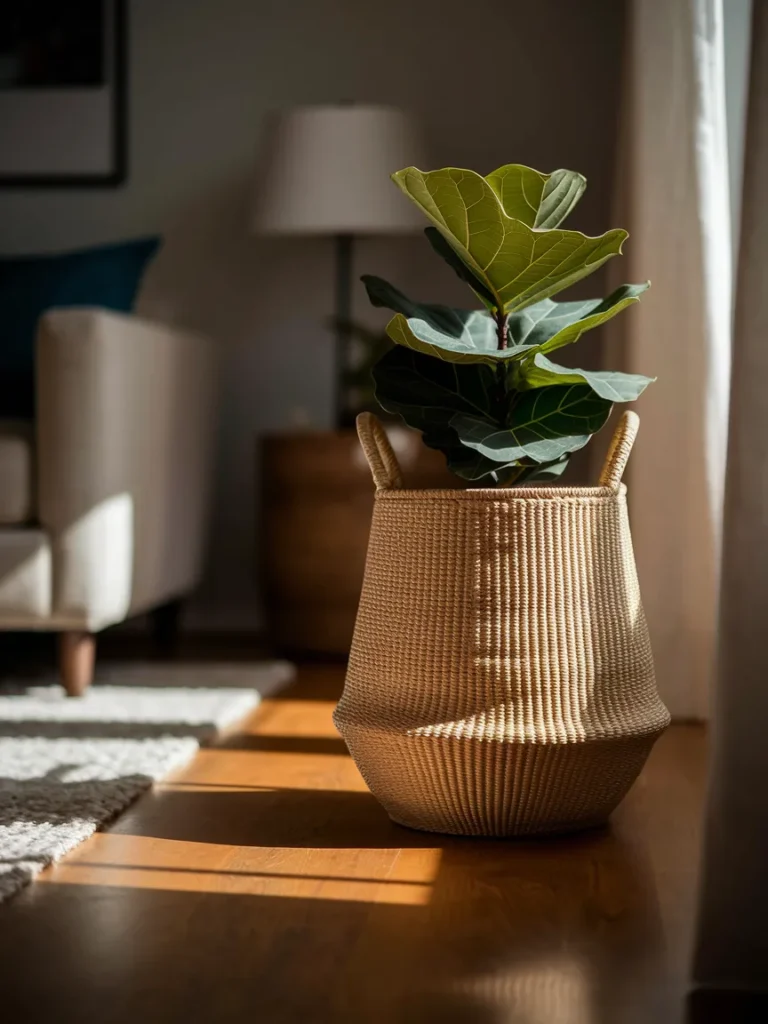 Tall wicker basket used as a plant holder for a fiddle leaf fig in a living room