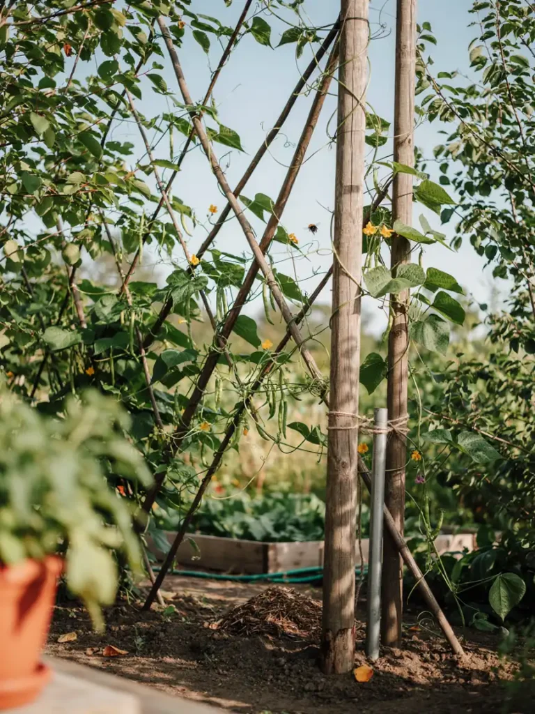  Tall wooden gardening pole anchoring a trellis with climbing bean or cucumber vines, sturdy vertical garden structure in natural sunlight