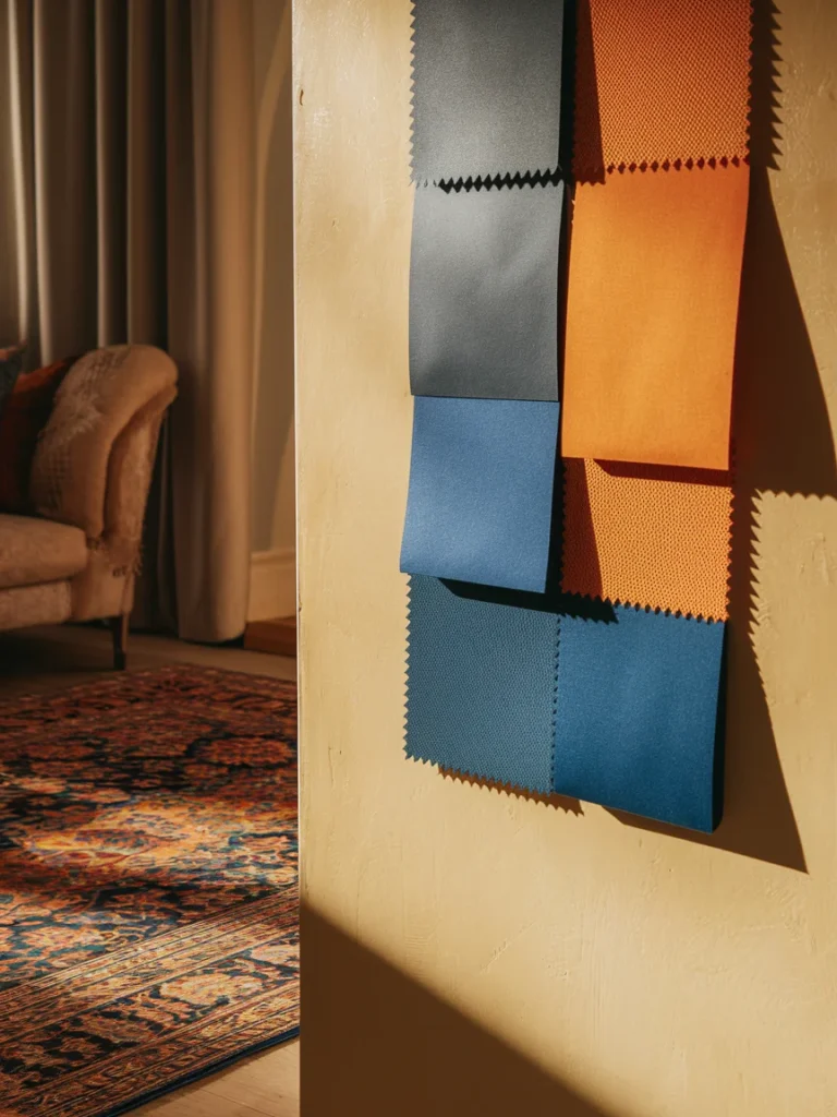 Testing blue and orange fabric swatches and paint samples on a living room wall