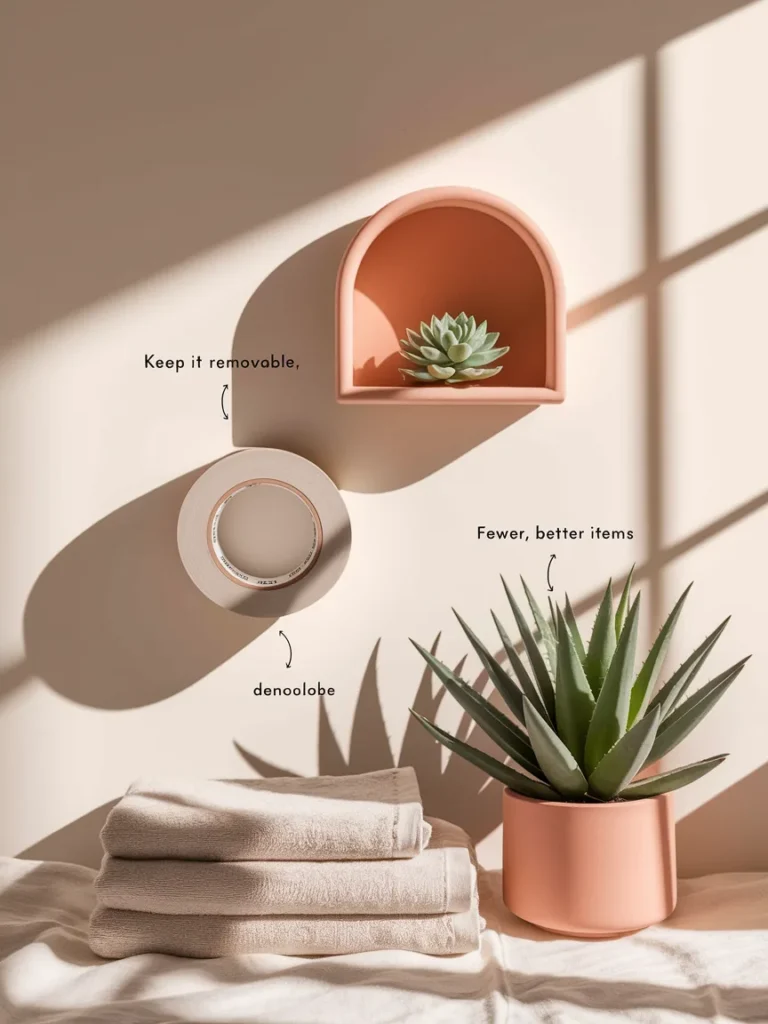 Three rules of apartment bathroom decor shown as icons for removable, vertical, and simple design.