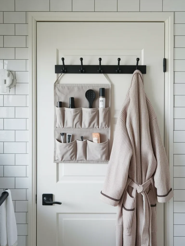 Over the door hook rack and organizer for small apartment bathroom storage.