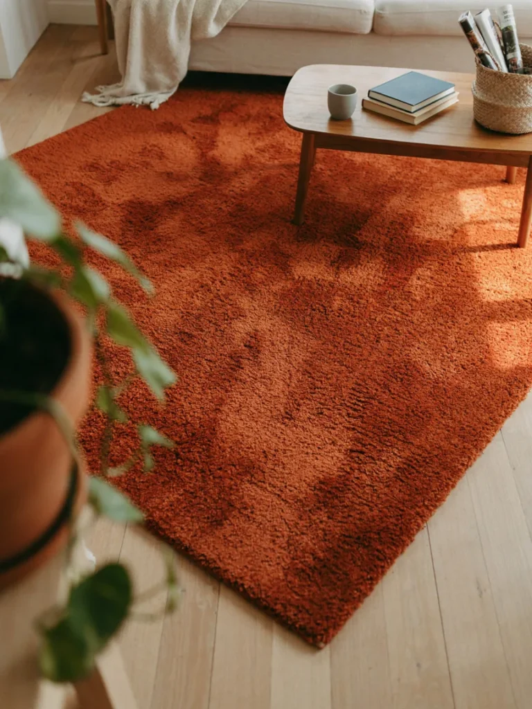 Thick shag rug in warm burnt orange tone layered under a wooden coffee table, plush texture visible, cozy living room floor styling, soft natural light]