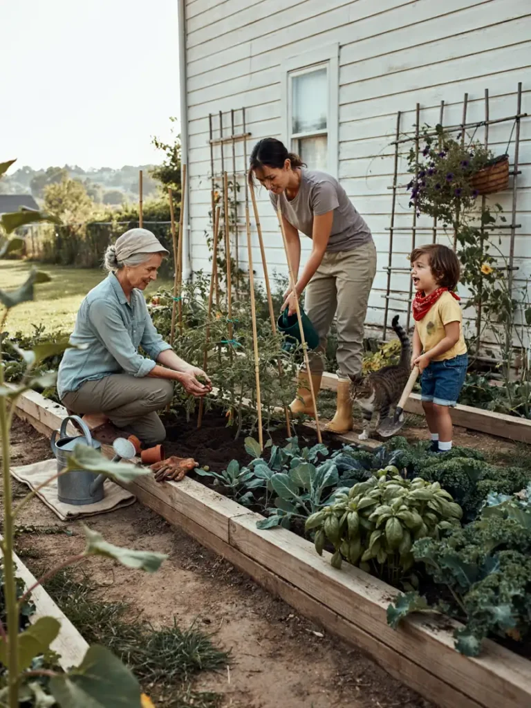 Three generations, a grandparent, a parent, and a child, gardening together in a backyard bed with a cat weaving between their legs, showing the multigenerational appeal