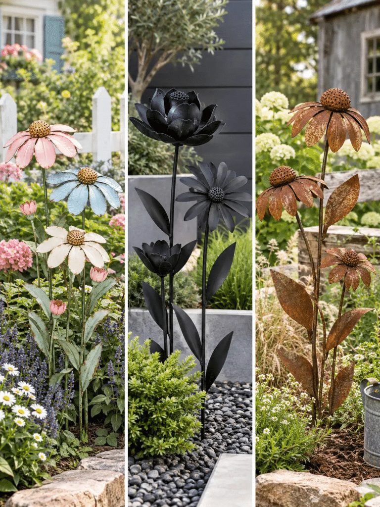 Three small garden vignettes side by side, showing pastel painted metal flowers in a cottage garden