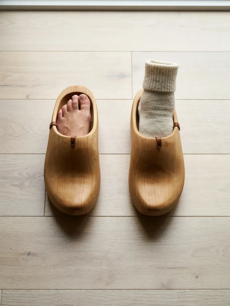 Two pairs of feet side by side, one in bare feet inside a clog and one wearing a thick wool sock inside the same clog model, showing the fit differenc
