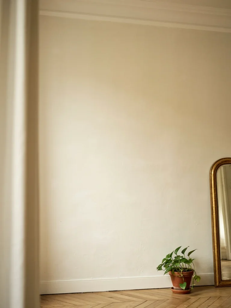  Warm creamy white living room wall with soft natural light, minimal styling, illustrating the warm neutral base color of Parisian decor]