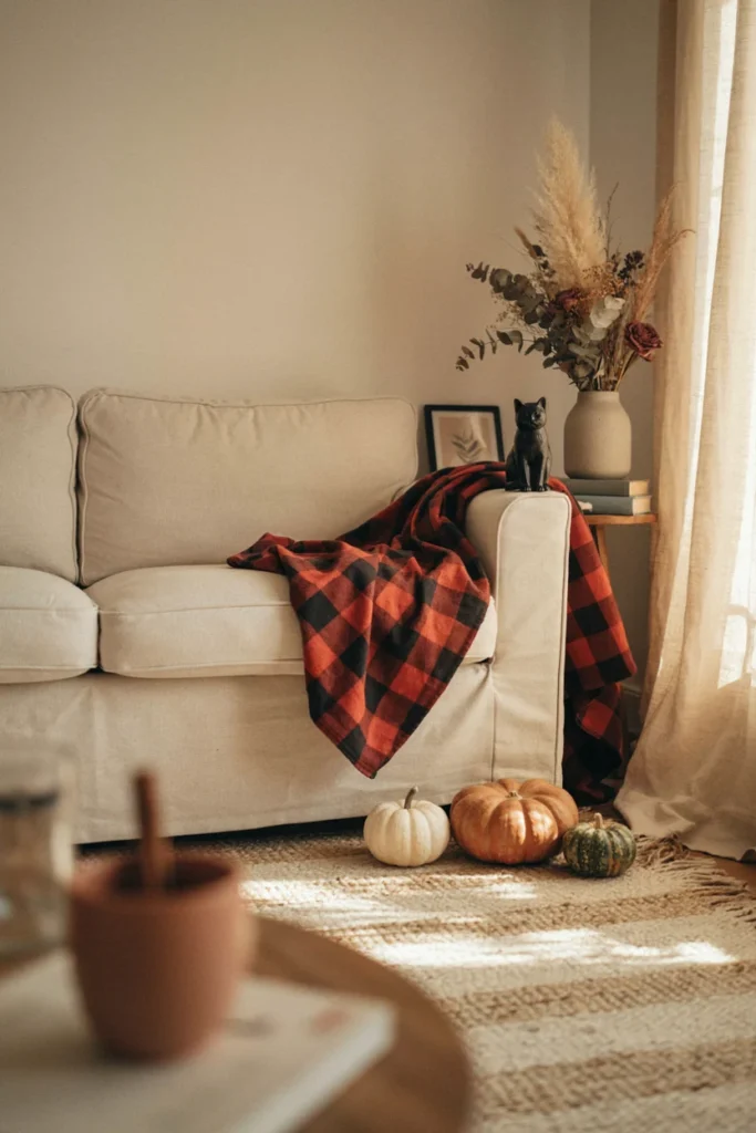 Warm living room styled with plaid throw blanket, dried florals, natural pumpkins, and a small subtle black cat figurine, soft golden hour light, cozy autumn atmosphere with light Halloween touches