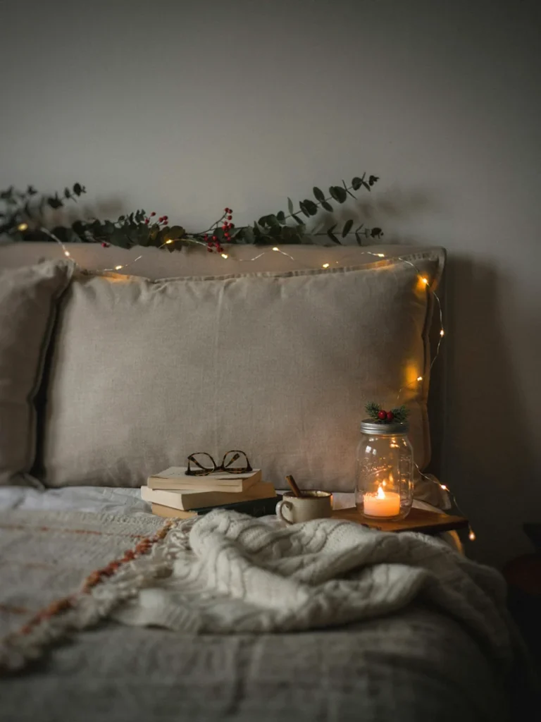 Warm string lights draped along a headboard with a mason jar lantern glowing softly on the nightstand beside it, cozy Christmas bedroom lighting setup