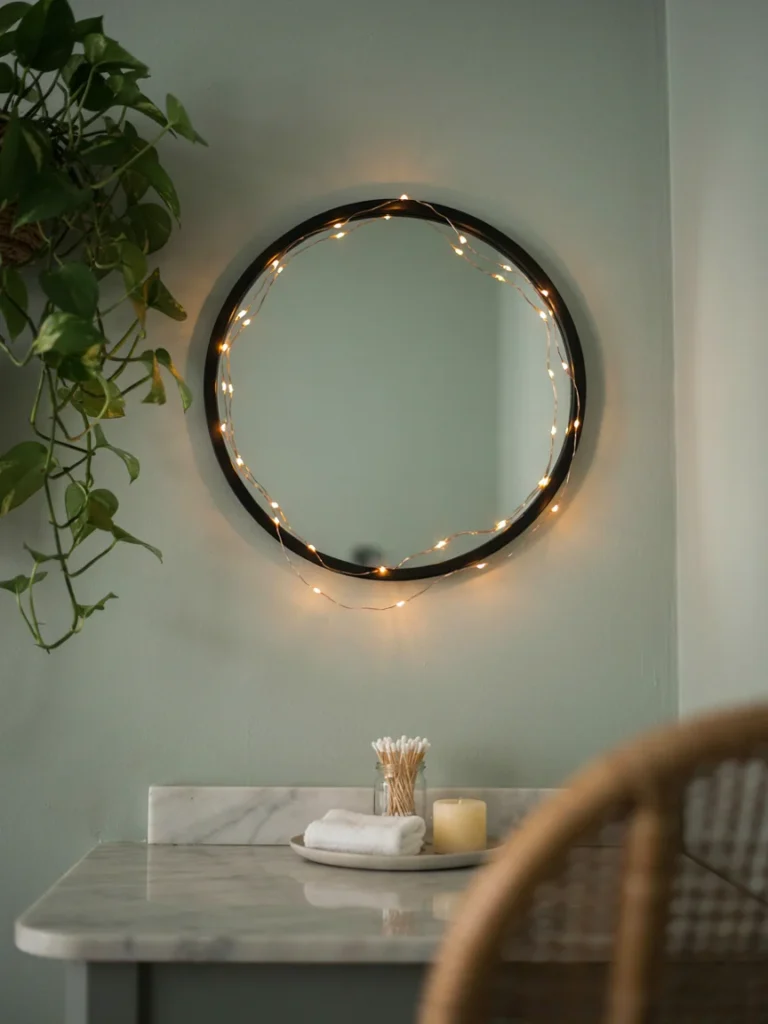 Warm string lights wrapped around a round bathroom mirror, soft glowing ambient light, cozy grown up lighting detail for a tween bathroom