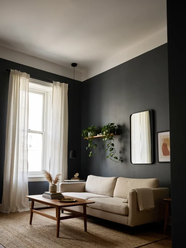 Well balanced dark living room with charcoal walls, white ceiling, a large mirror reflecting window light, and a pale sofa, illustrating techniques that prevent a room from feeling cave like