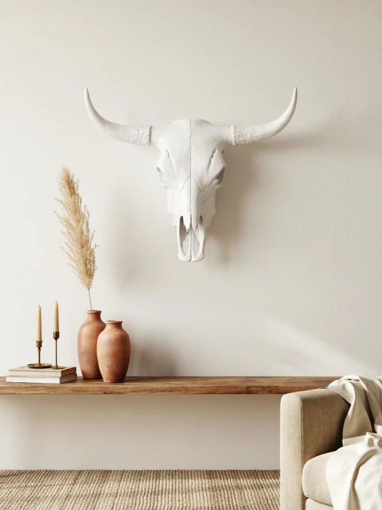 White painted cow skull mounted above a simple living room mantel, graphic sculptural silhouette, southwestern modern farmhouse styling, soft natural light
