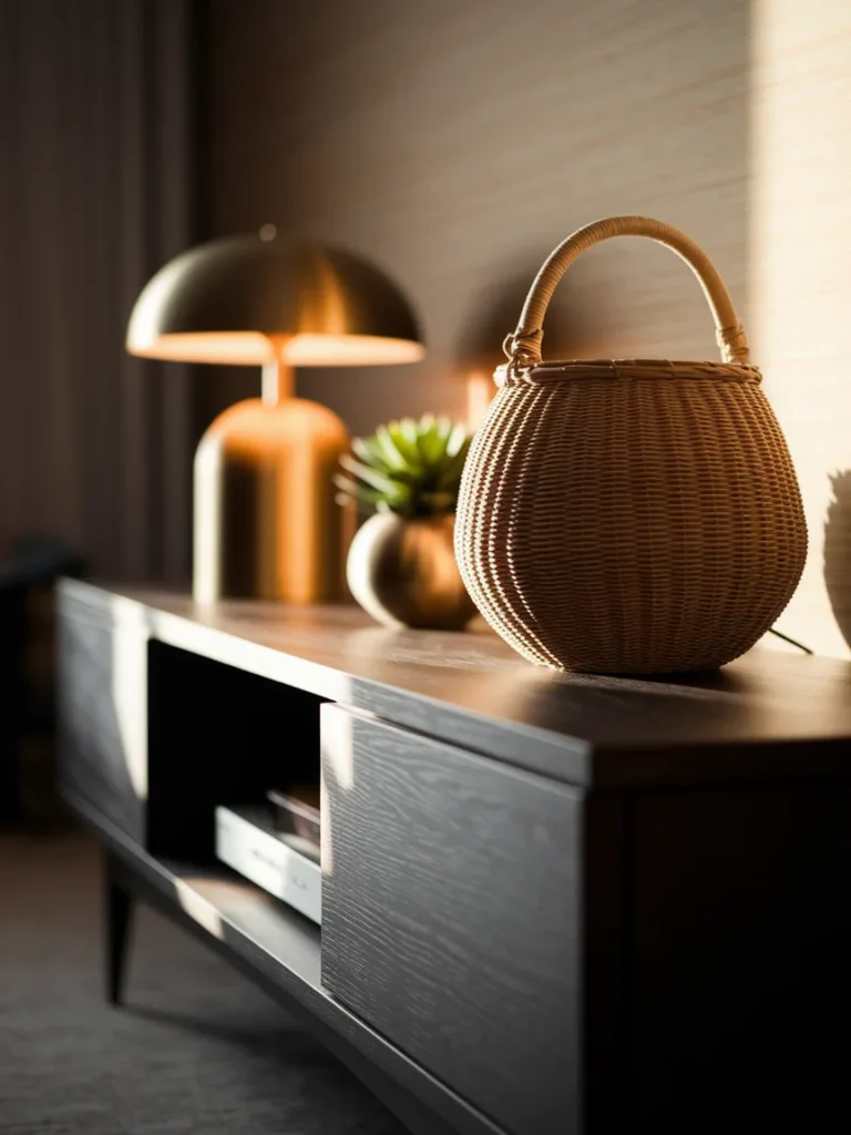 Wicker basket adding warm texture to a modern living room corner with media console and lamp