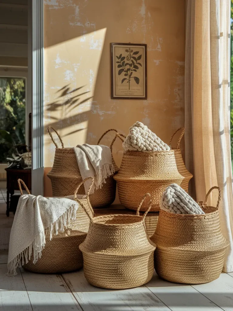 Wicker baskets styled in farmhouse, boho, coastal, and modern living room decor