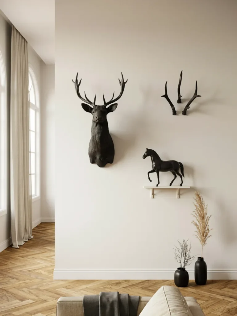 Wide shot of a living room wall combining a deer mount, small horse figure, and antler cluster with consistent black finishes and generous negative space, cohesive wildlife decor styling