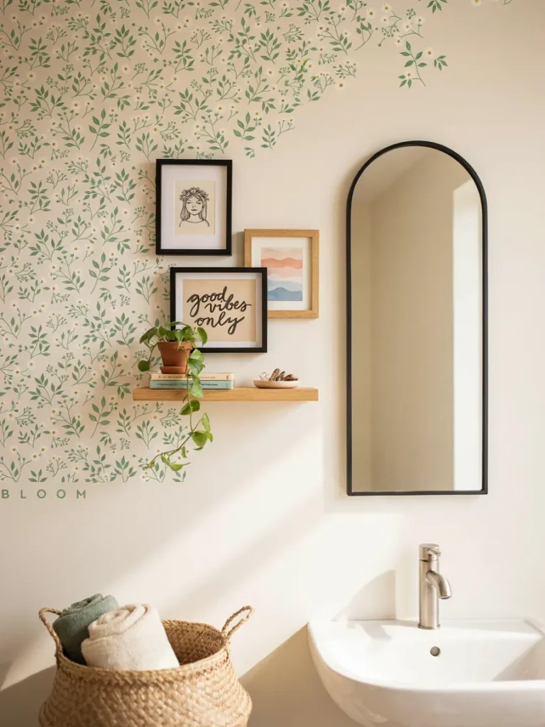 Wide shot of a tween bathroom wall styled with a mix of removable wallpaper, framed prints, and an arched mirror, cohesive age appropriate wall decor overview