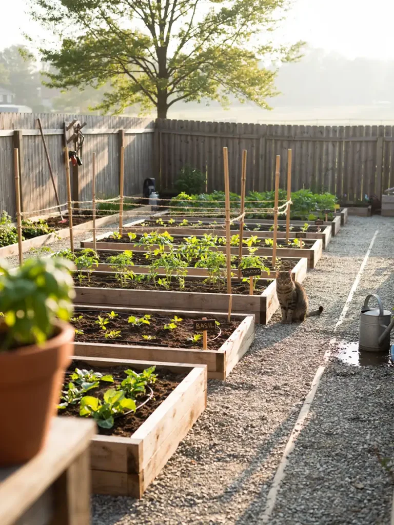 Wide shot of a well planned garden plot with raised beds, edging, and support poles in place, organized structural layout, soft morning light
