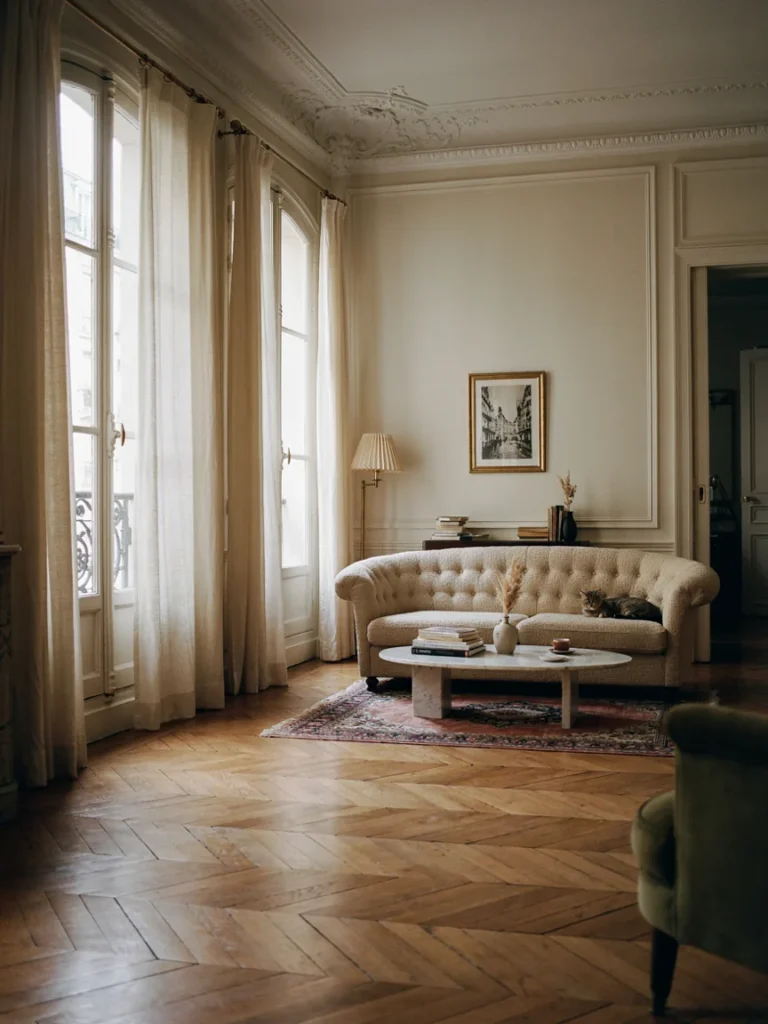 Wide shot of an elegant Parisian apartment living room with tall windows, ornate crown molding, herringbone flooring, and a curved tufted sofa, soft natural daylight, sophisticated atmosphere