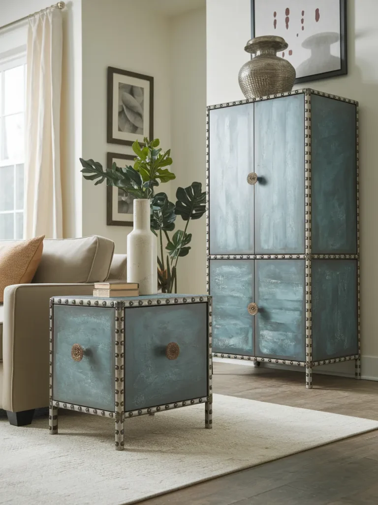 Wide shot showing a living room cabinet and a side table in the same frame