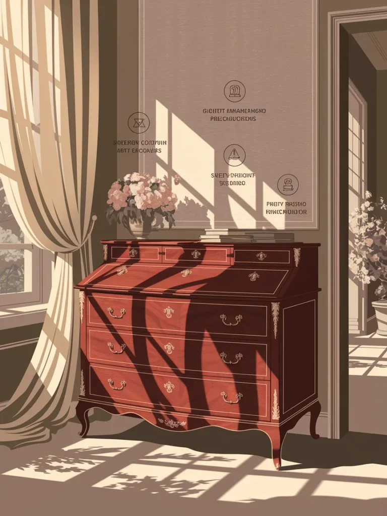Wood furniture care tips graphic covering finish, sunlight, safety, and humidity for bedroom bureaus