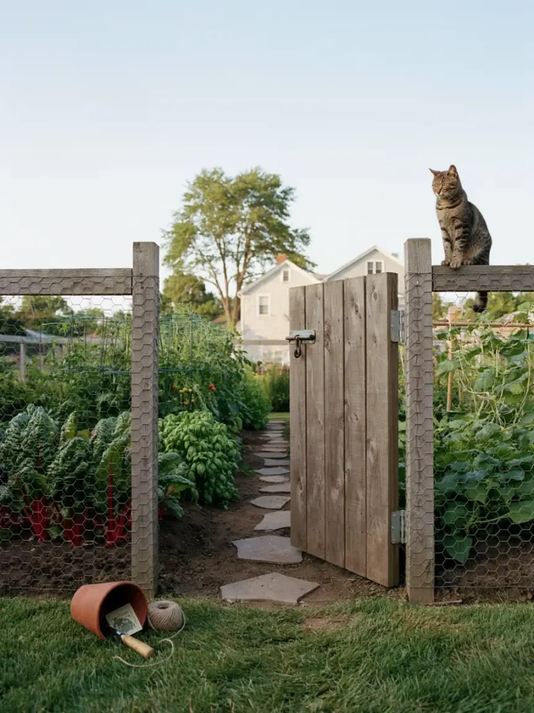 Wooden gardening gate set into a wire mesh fence panel surrounding a vegetable garden, simple latch visible, practical pest barrier styling