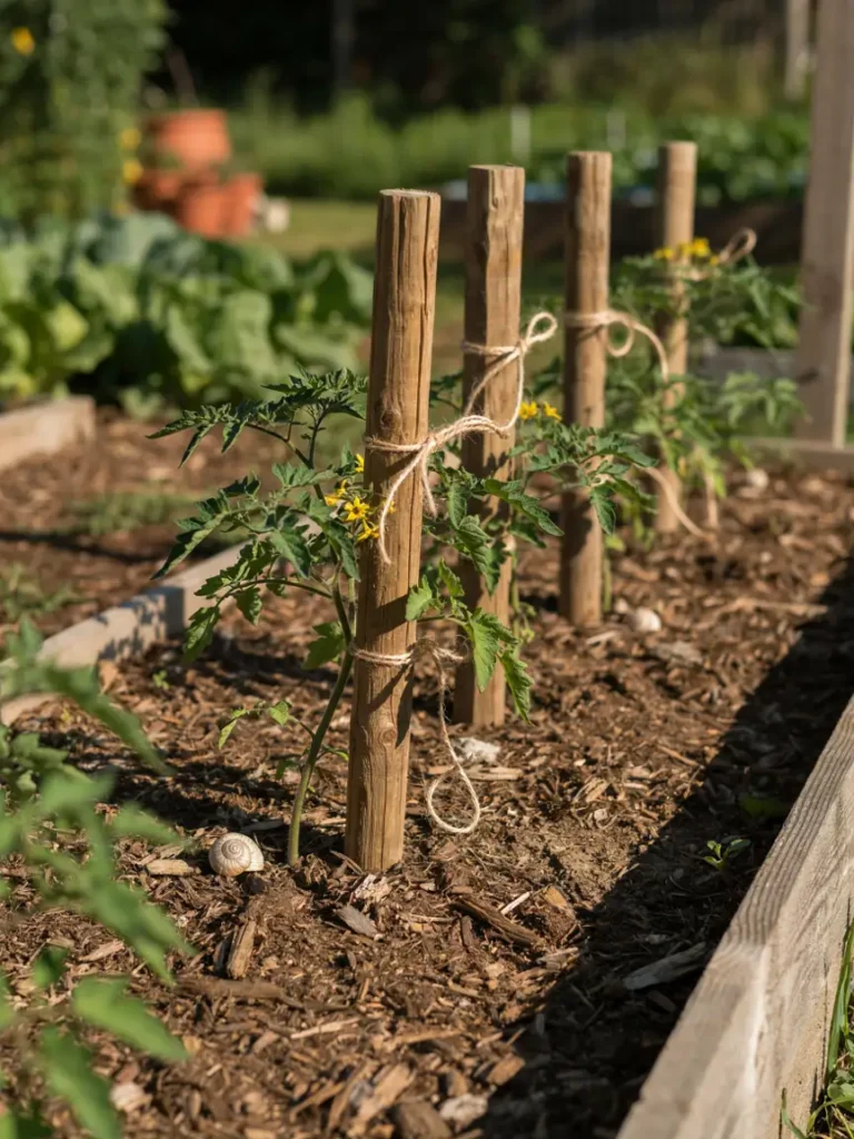  Wooden tomato stakes driven into a garden bed with plants tied to them using twine, sturdy plant support in a sunny vegetable garden