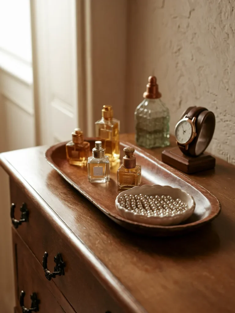 Wooden tray with perfume, jewelry dish, and watch stand on a bedroom bureau