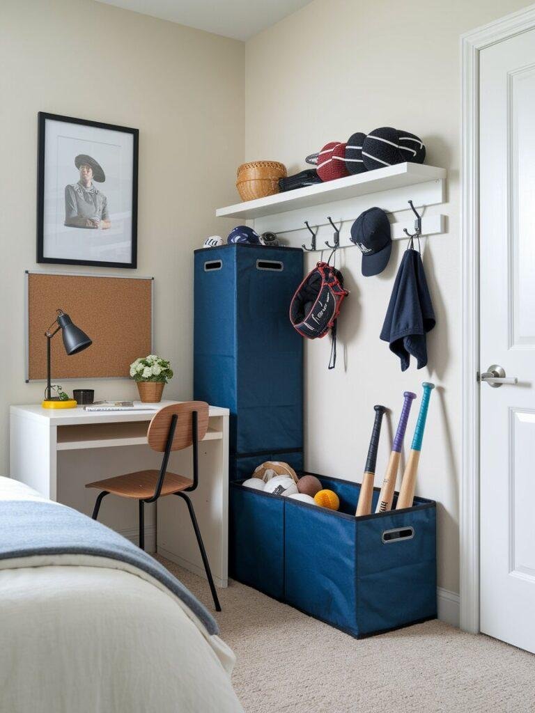 Baseball bedroom storage with gear bench, bat bin, wall hooks, and desk with cork board.