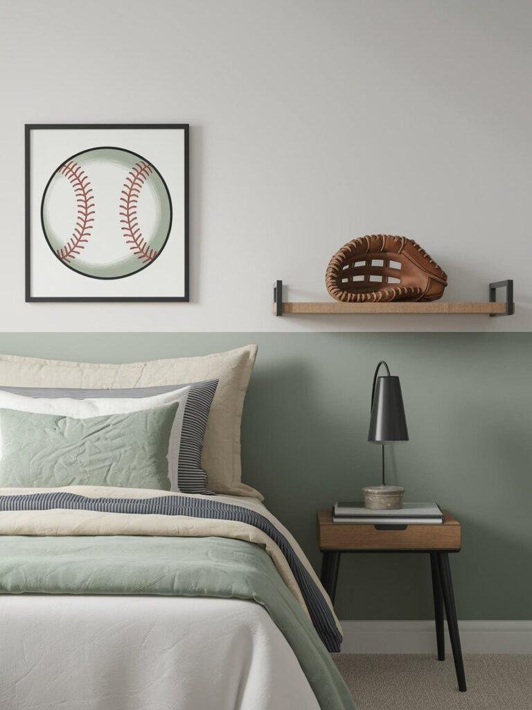 Modern baseball decor for bedroom in soft gray and sage with a framed print and glove