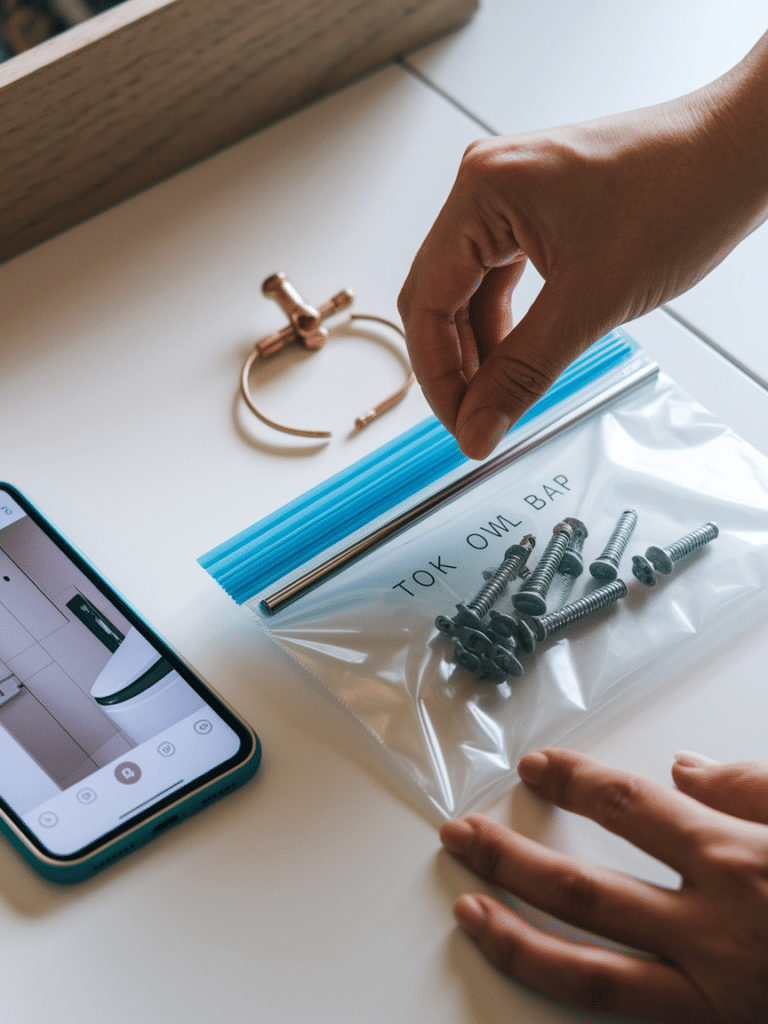 Renter storing original bathroom hardware in a labeled bag to protect the security deposit.