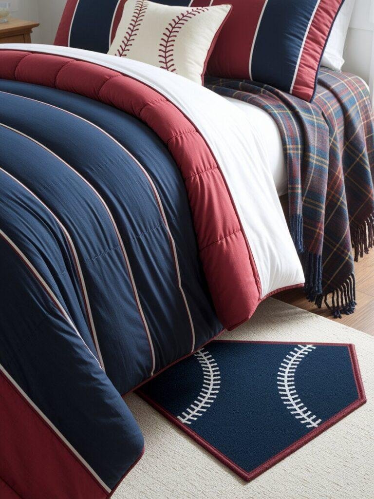 Baseball bedding with striped comforter, stitched baseball pillow, and home plate rug.