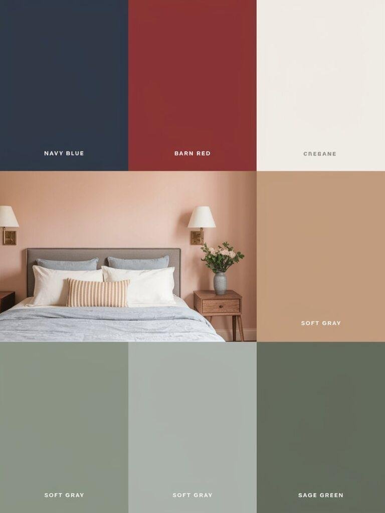 Color palette for baseball bedroom decor with navy, red, cream, tan, gray, and sage.