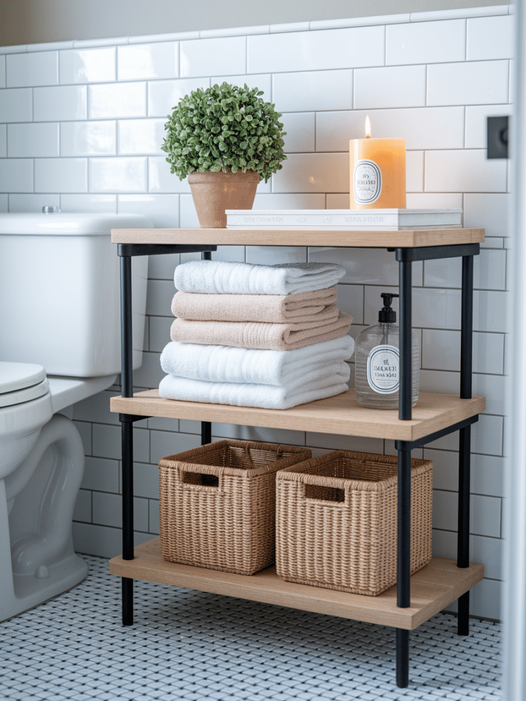 Freestanding shelf over toilet in a small apartment bathroom with towels, baskets, and plant.