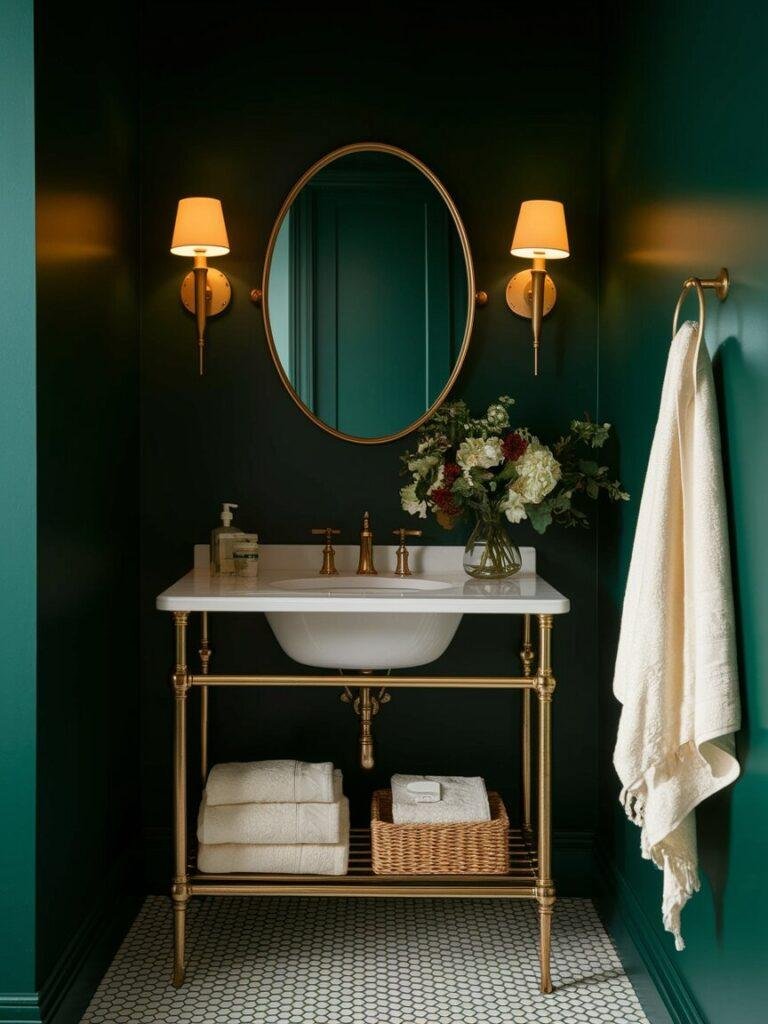 Small bathroom painted forest green with brass mirror and warm lighting.
