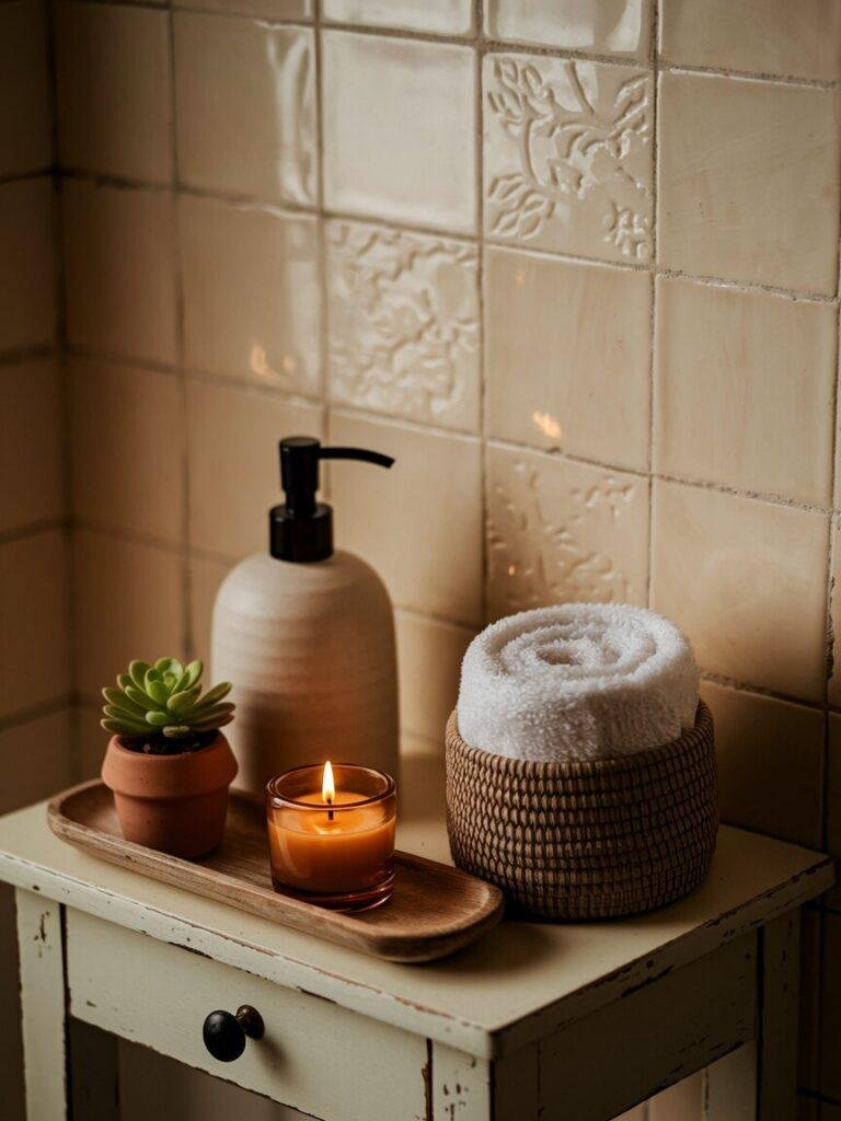 Styled apartment bathroom decor counter with tray, soap, candle, plant, and towels.