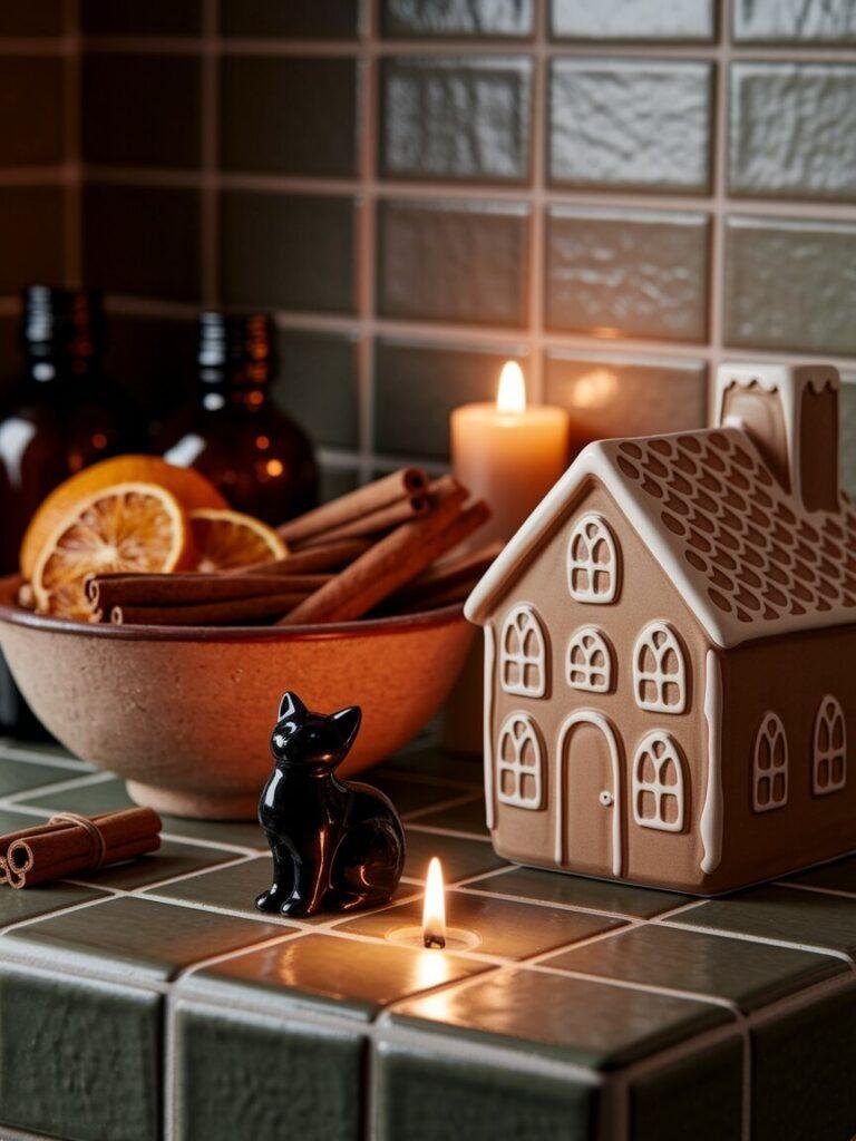 Gingerbread bathroom decor with ceramic house, dried oranges, and amber bottles.