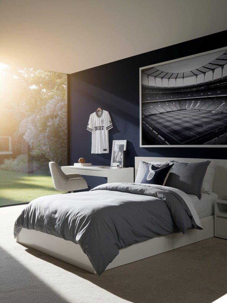Teen baseball bedroom decor with navy wall, framed jersey, and stadium photo.