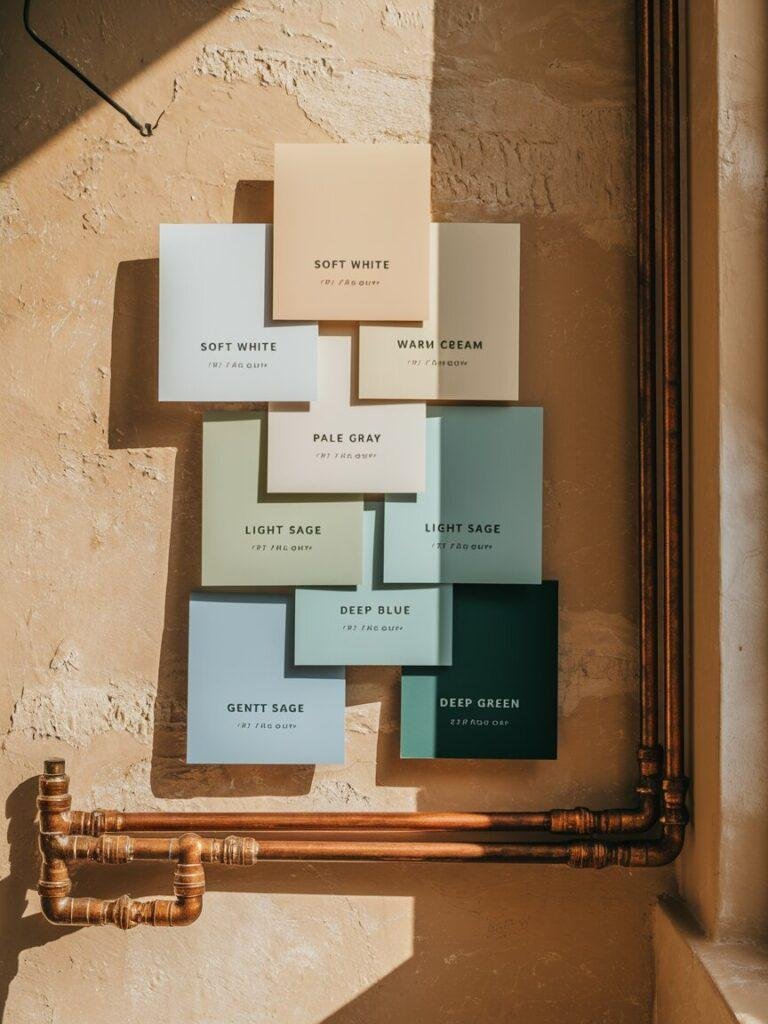 Color palette for apartment bathroom decor with white, cream, gray, sage, blue, and green.