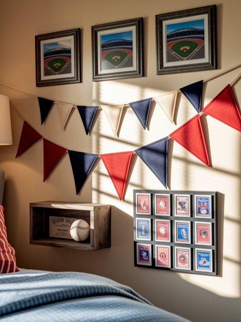 Baseball bedroom wall art with pennants, stadium prints, shadow box, and baseball cards.