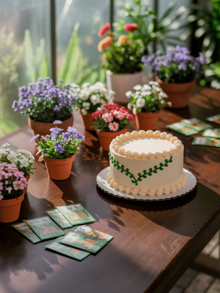 A gardening themed birthday party table setup with small pots, seed packets as favors, and a decorated cake in the center.